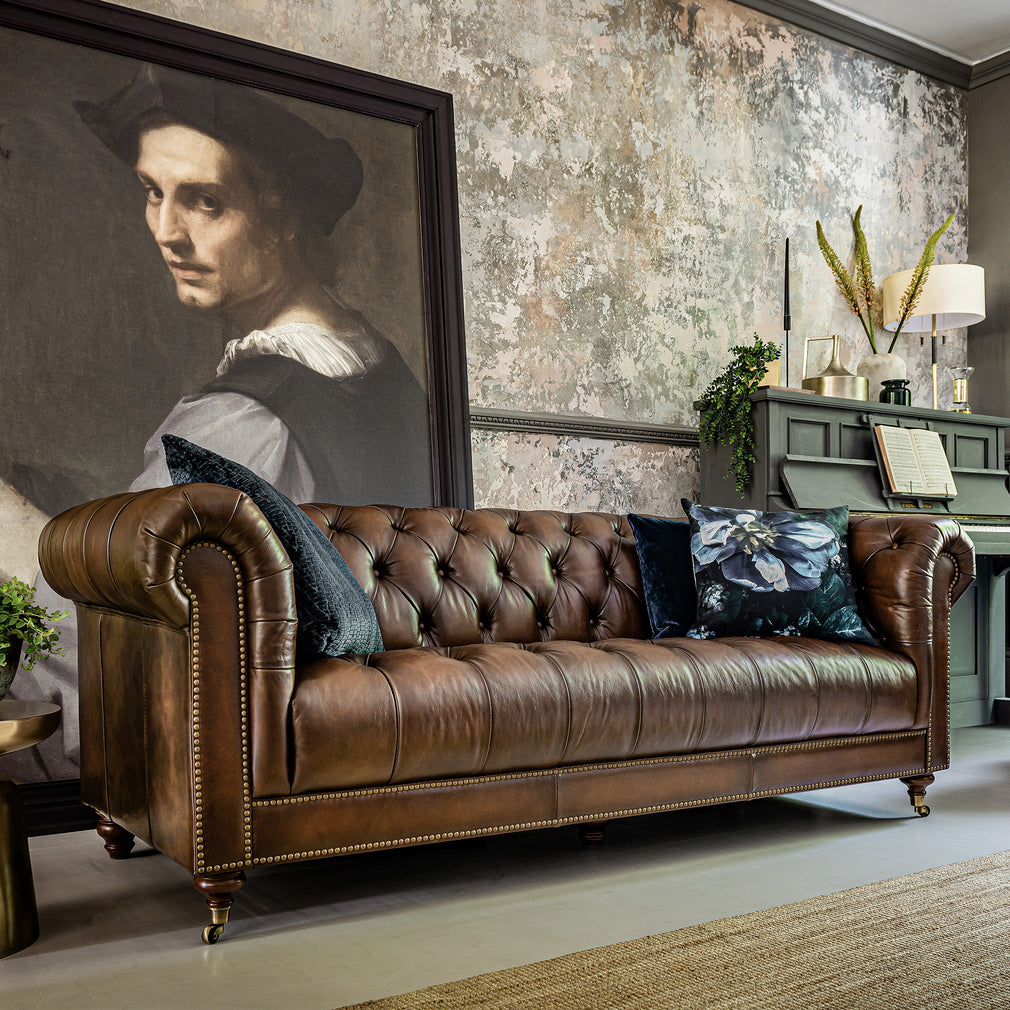 Churchill - 3.5 Seat Sofa In Leather Vintage LLS Cognac 1806/Antique Brass Studs With Mahogany Feet