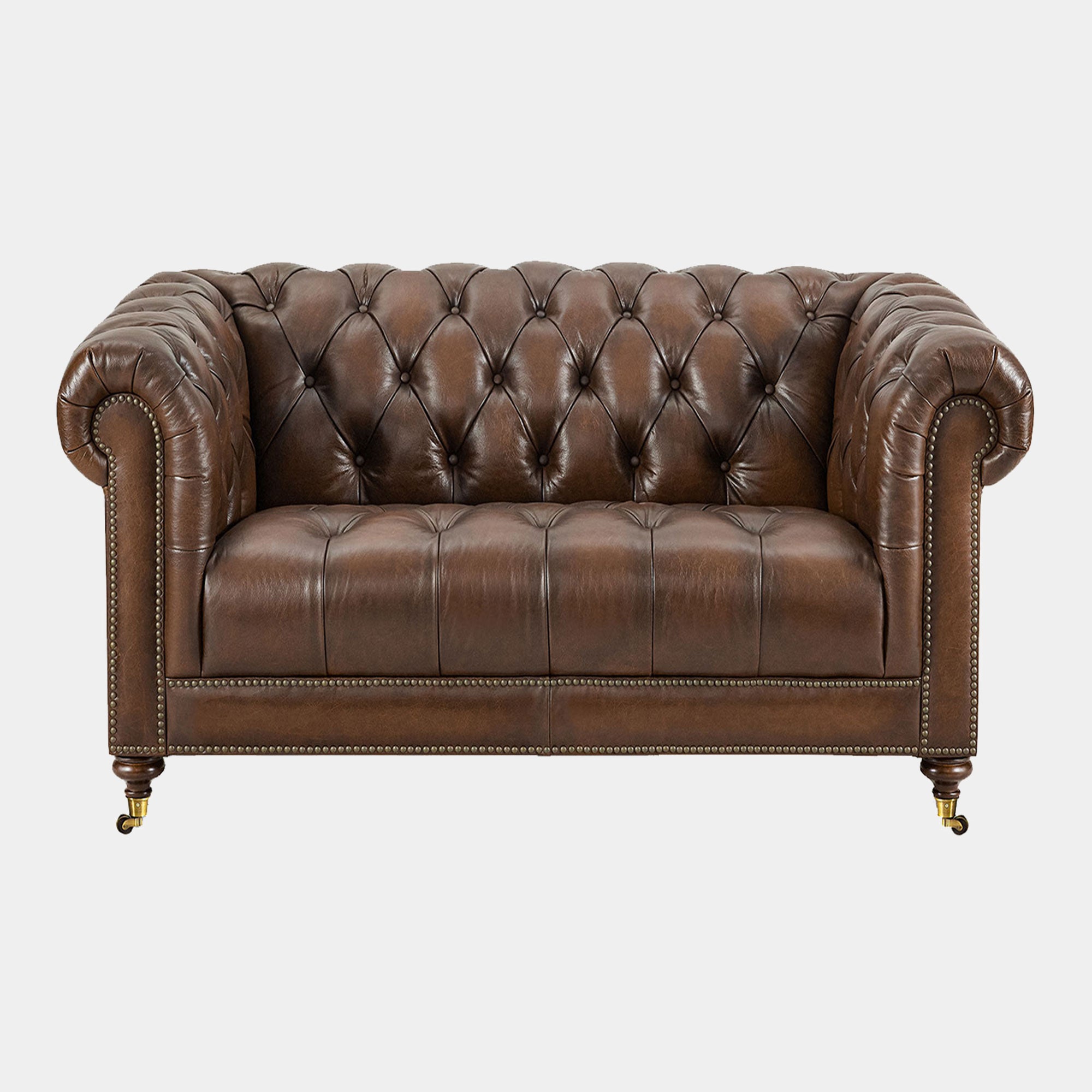 Churchill - 2 Seat Sofa In Leather Vintage LLS Cognac 1806/Antique Brass Studs With Mahogany Feet
