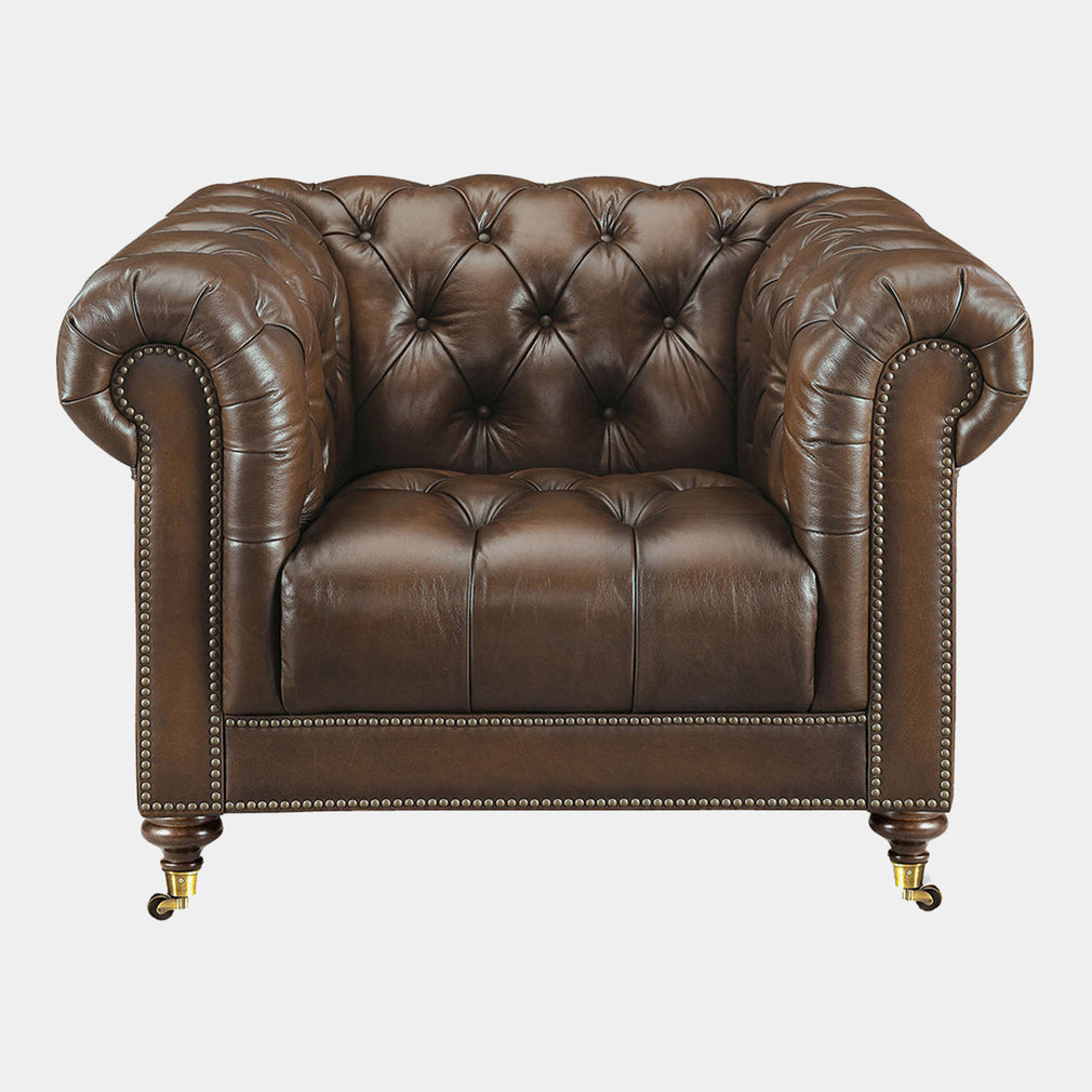 Churchill - Club Chair In Leather Vintage LLS Cognac 1806/Antique Brass Studs With Mahogany Feet