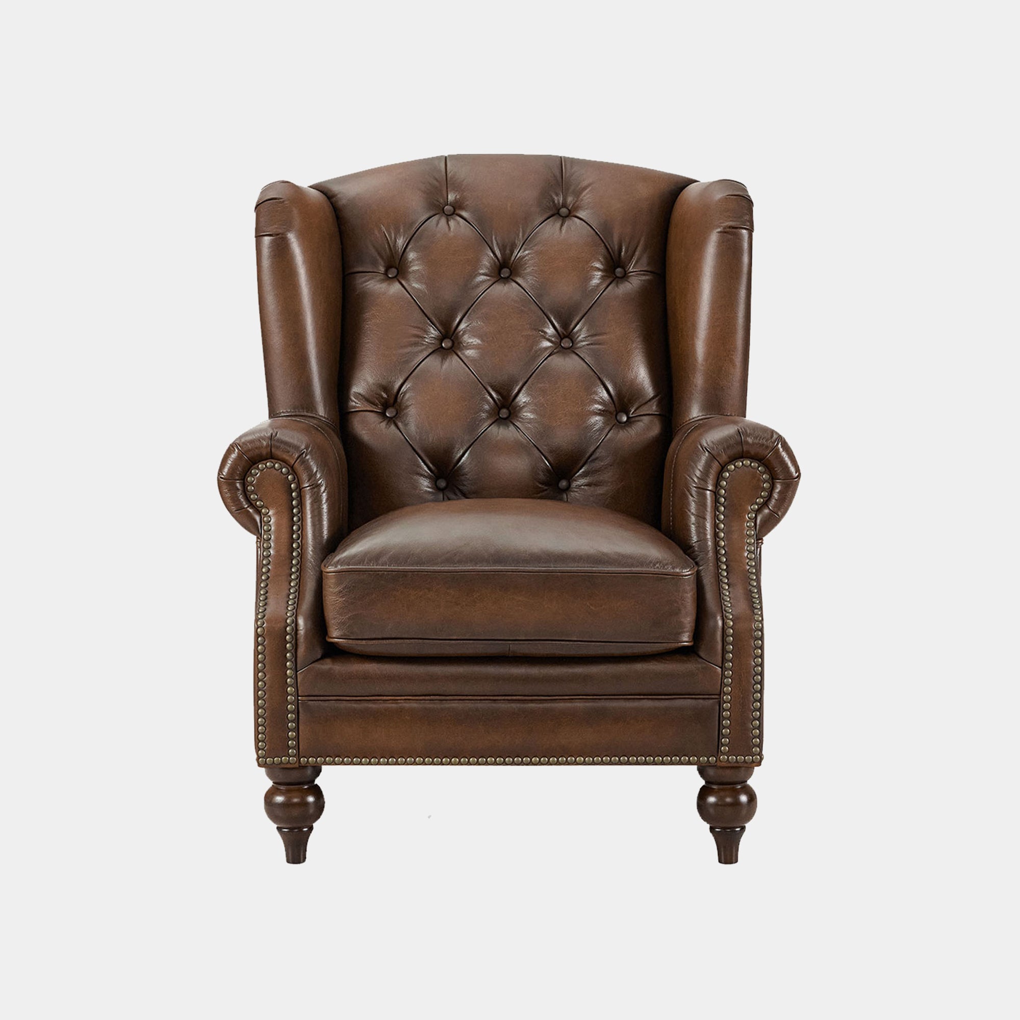 Churchill - Wing Chair In Leather Vintage LLS Cognac 1806/Antique Brass Studs With Mahogany Feet
