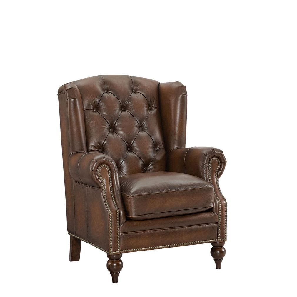 Churchill - Wing Chair In Leather Vintage LLS Cognac 1806/Antique Brass Studs With Mahogany Feet