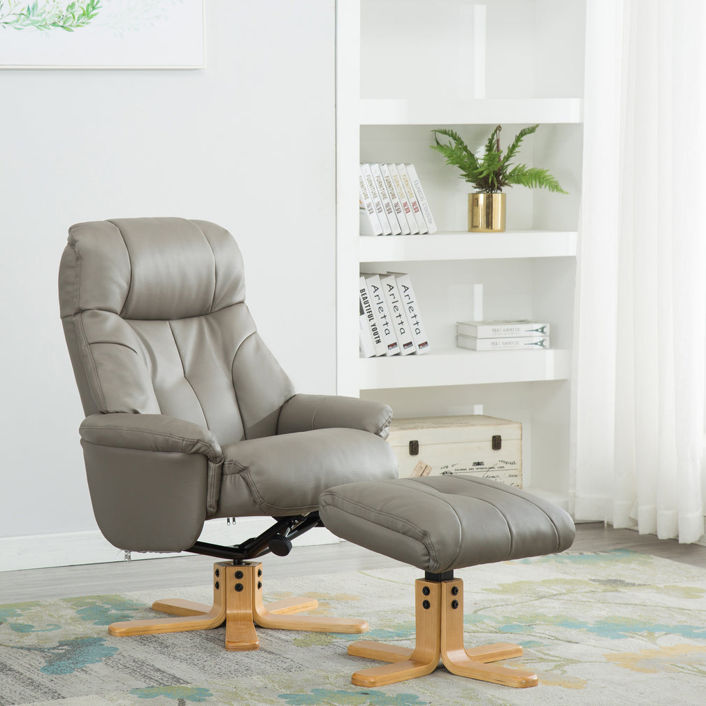 Swivel Chair And Stool In Plush Grey Leather Effect (Assembly Required)