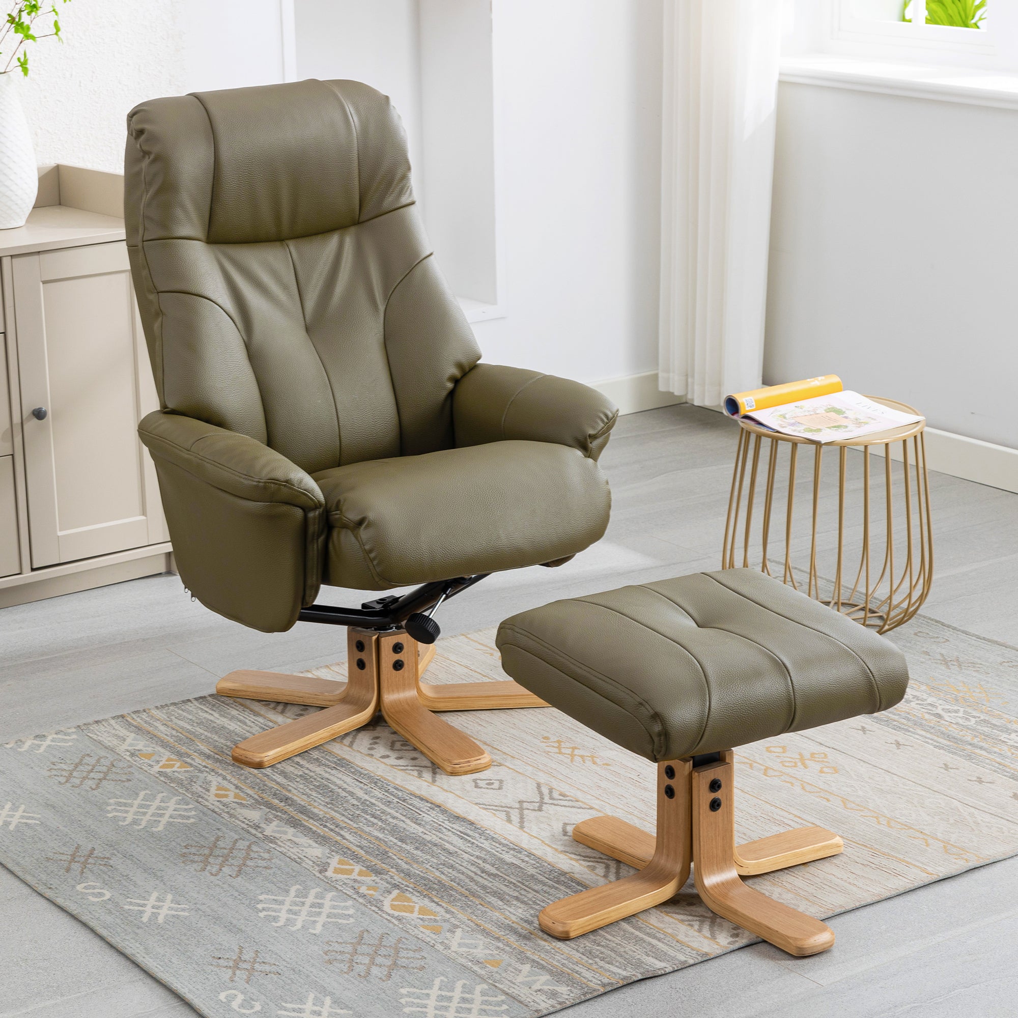 Quebec - Swivel Chair & Stool In Leather Effect Plush Olive Green