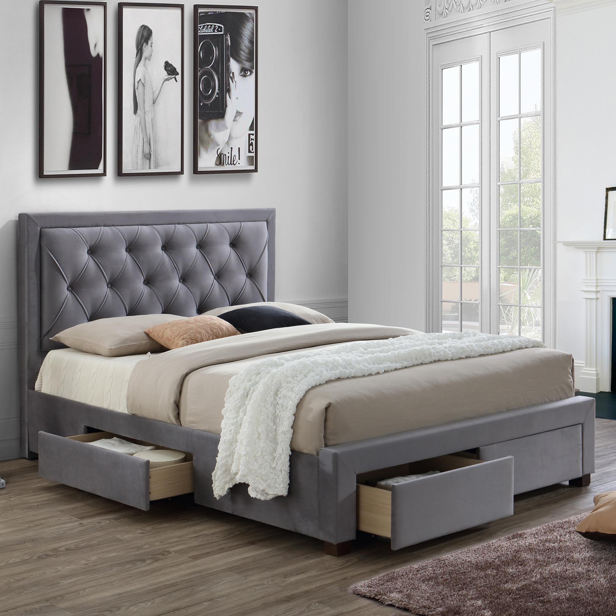 Lumburn Slatted Storage Bed Frame In Grey Fabric Beds & Mattress
